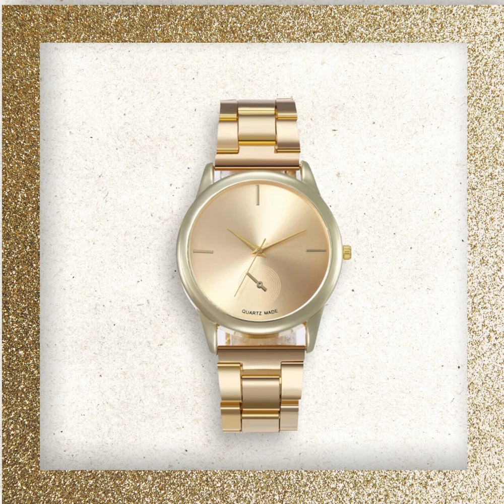 New Luxury Gold Unisex Minimalist Round Pointer Quartz Made Chain Link Watch - Picture 3 of 16